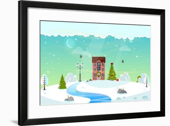 Winter Nature Landscape with River. Cute House with Christmas Fir-Tree, Lantern (Street Light) and-icanFly-Framed Art Print