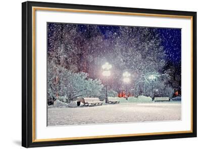 Winter Night Landscape - Evening in the Night Snowy Park with