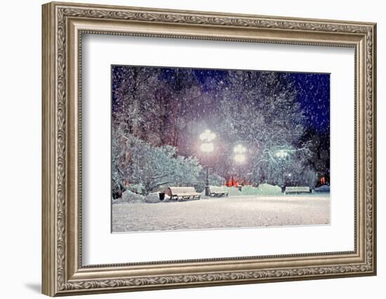 Winter Night Landscape - Evening in the Night Snowy Park with Benches under Snowfall-Marina Zezelina-Framed Photographic Print