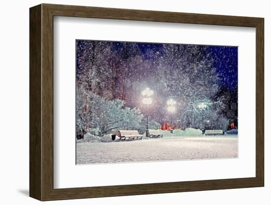 Winter Night Landscape - Evening in the Night Snowy Park with Benches under Snowfall-Marina Zezelina-Framed Photographic Print