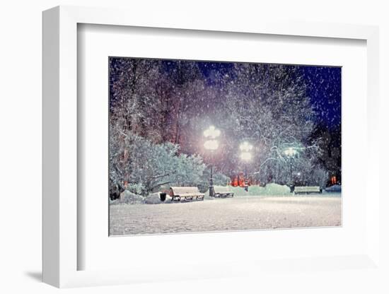 Winter Night Landscape - Evening in the Night Snowy Park with Benches under Snowfall-Marina Zezelina-Framed Photographic Print