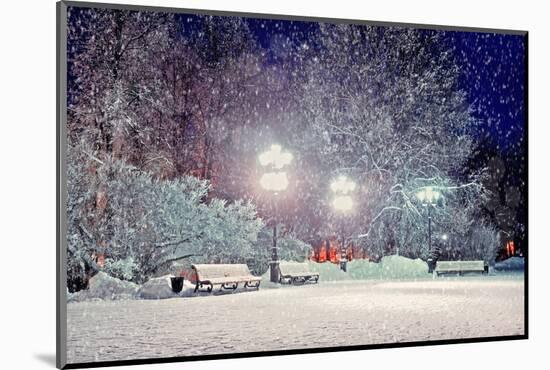 Winter Night Landscape - Evening in the Night Snowy Park with Benches under Snowfall-Marina Zezelina-Mounted Photographic Print