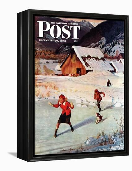 "Winter on the Farm" Saturday Evening Post Cover, December 30, 1950-John Clymer-Framed Premier Image Canvas
