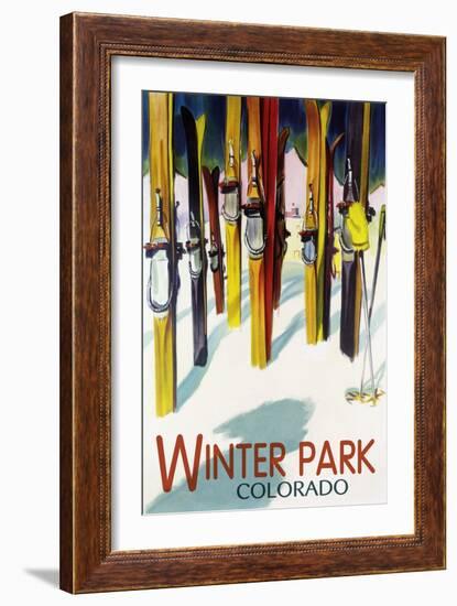 Winter Park, Colorado - Colorful Skis-Lantern Press-Framed Premium Giclee Print