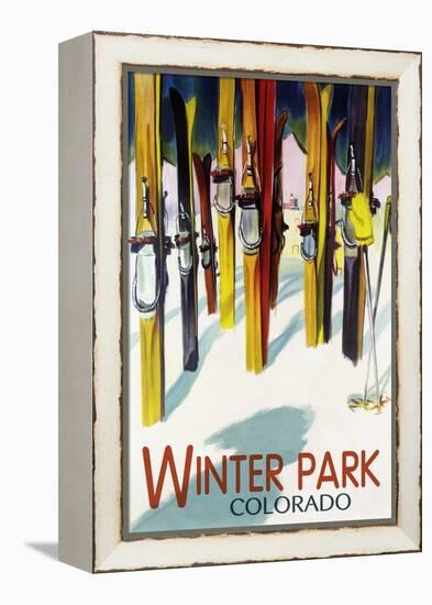 Winter Park, Colorado - Colorful Skis-Lantern Press-Framed Stretched Canvas