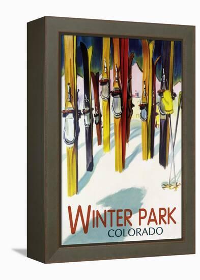 Winter Park, Colorado - Colorful Skis-Lantern Press-Framed Stretched Canvas