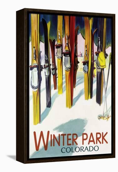 Winter Park, Colorado - Colorful Skis-Lantern Press-Framed Stretched Canvas
