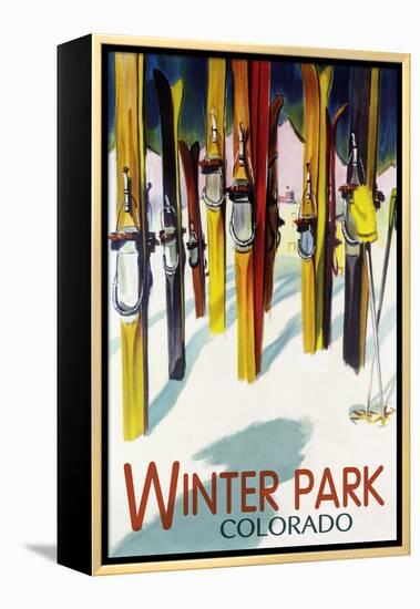 Winter Park, Colorado - Colorful Skis-Lantern Press-Framed Stretched Canvas