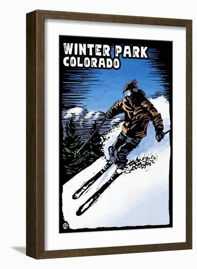 Winter Park, Colorado - Skier - Scratchboard-Lantern Press-Framed Art Print