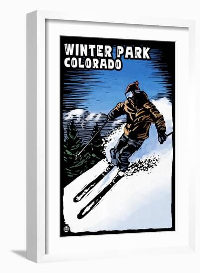 Winter Park, Colorado - Skier - Scratchboard-Lantern Press-Framed Art Print