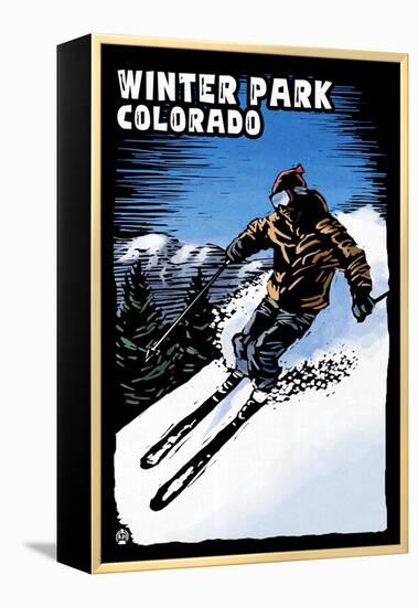 Winter Park, Colorado - Skier - Scratchboard-Lantern Press-Framed Stretched Canvas