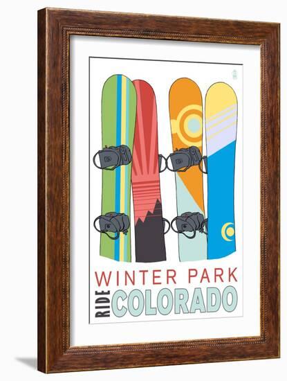 Winter Park, Colorado - Snowboards in Snow-Lantern Press-Framed Art Print