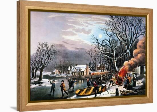 Winter Scene: Evening 1854-Currier & Ives-Framed Premier Image Canvas