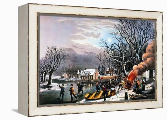 Winter Scene: Evening 1854-Currier & Ives-Framed Premier Image Canvas