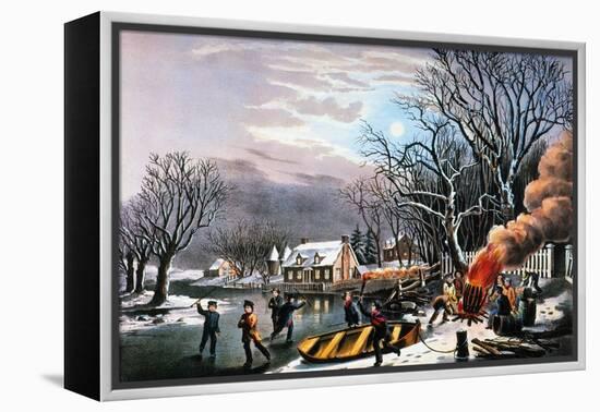 Winter Scene: Evening 1854-Currier & Ives-Framed Premier Image Canvas