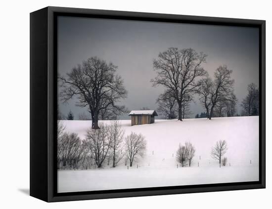 Winter Scene, Hill and Trees, Hut and Foreboding Sky-Sheila Haddad-Framed Premier Image Canvas