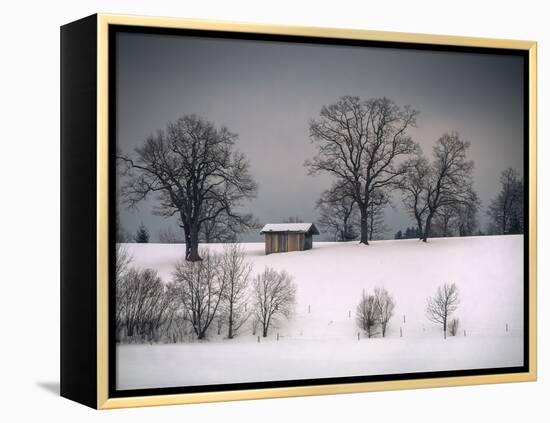 Winter Scene, Hill and Trees, Hut and Foreboding Sky-Sheila Haddad-Framed Premier Image Canvas