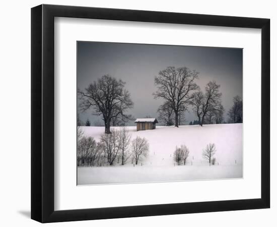 Winter Scene, Hill and Trees, Hut and Foreboding Sky-Sheila Haddad-Framed Photographic Print