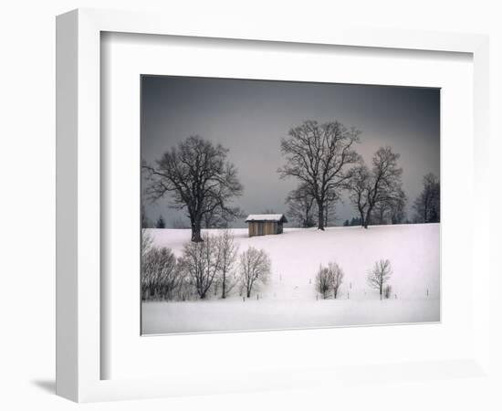 Winter Scene, Hill and Trees, Hut and Foreboding Sky-Sheila Haddad-Framed Photographic Print