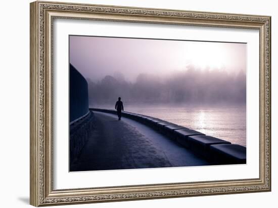 Winter Scene Male Figure Walking Along Pathway Beside Lake-Sharon Wish-Framed Photographic Print