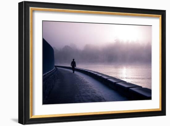 Winter Scene Male Figure Walking Along Pathway Beside Lake-Sharon Wish-Framed Photographic Print