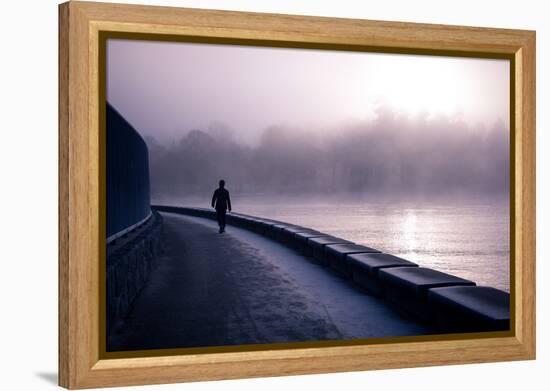 Winter Scene Male Figure Walking Along Pathway Beside Lake-Sharon Wish-Framed Premier Image Canvas