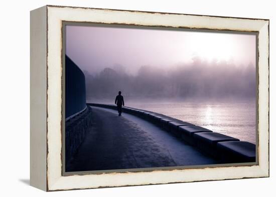 Winter Scene Male Figure Walking Along Pathway Beside Lake-Sharon Wish-Framed Premier Image Canvas