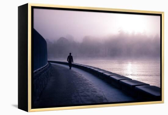 Winter Scene Male Figure Walking Along Pathway Beside Lake-Sharon Wish-Framed Premier Image Canvas