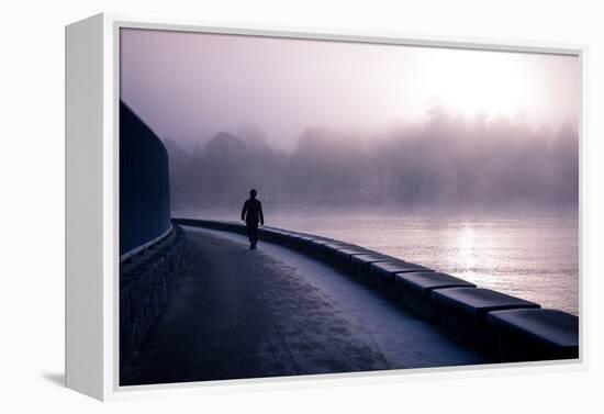 Winter Scene Male Figure Walking Along Pathway Beside Lake-Sharon Wish-Framed Premier Image Canvas