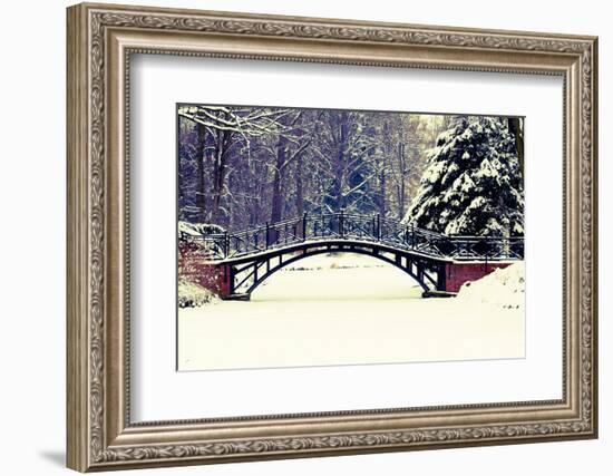 Winter Scene - Old Bridge in Winter Snowy Park-Gorilla-Framed Photographic Print