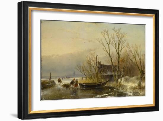 Winter Scene on the Ice with Wood Gatherers-Andreas Schelfhout-Framed Art Print