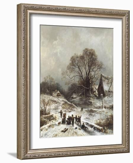 Winter Scene with Children Playing-Adolf Heinrich Lier-Framed Giclee Print