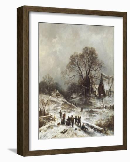 Winter Scene with Children Playing-Adolf Heinrich Lier-Framed Giclee Print