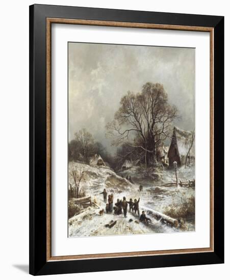 Winter Scene with Children Playing-Adolf Heinrich Lier-Framed Giclee Print