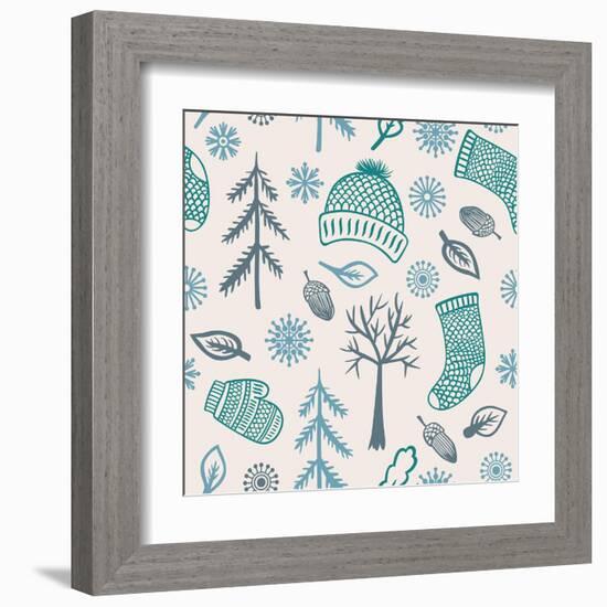 Winter Seamless Pattern with Knitted Clothes, Snowflakes, Trees and Acorns. Vector Illustration.-marmarto-Framed Art Print