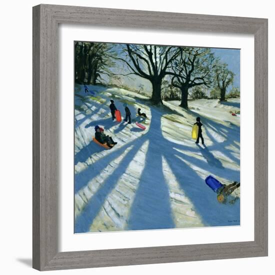 Winter Tree, Snow Sledgers, Calke Abbey, Derby-Andrew Macara-Framed Giclee Print