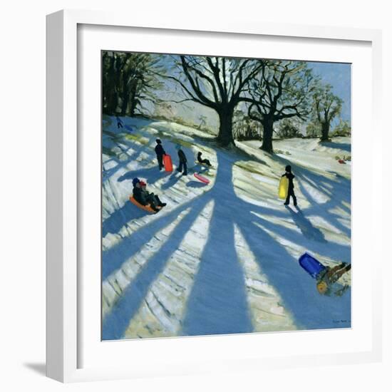 Winter Tree, Snow Sledgers, Calke Abbey, Derby-Andrew Macara-Framed Giclee Print