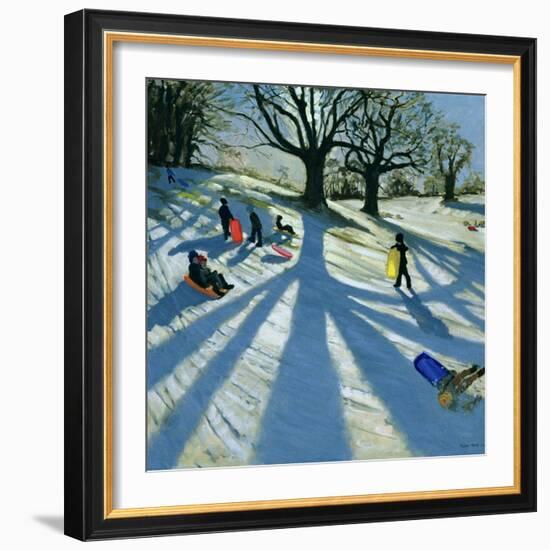 Winter Tree, Snow Sledgers, Calke Abbey, Derby-Andrew Macara-Framed Giclee Print
