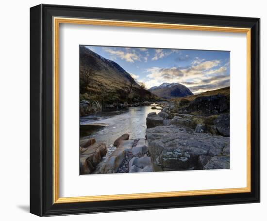 Winter View Along Partly-Frozen River Etive Towards Distant Mountains, Rannoch Moor, Scotland-Lee Frost-Framed Photographic Print