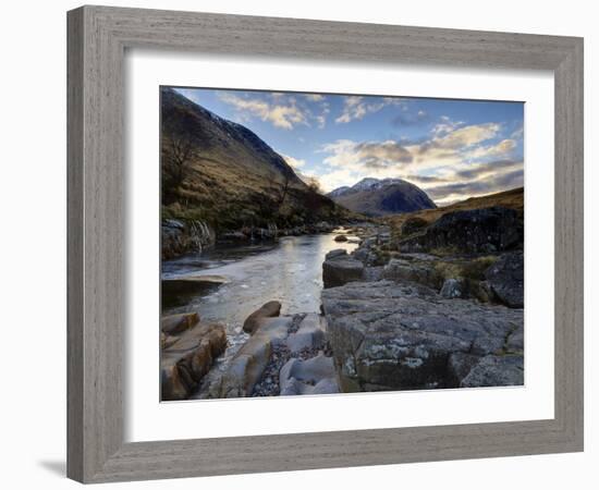 Winter View Along Partly-Frozen River Etive Towards Distant Mountains, Rannoch Moor, Scotland-Lee Frost-Framed Photographic Print
