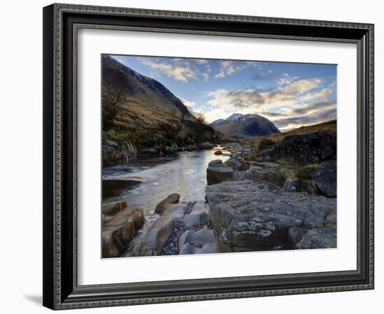 Winter View Along Partly-Frozen River Etive Towards Distant Mountains, Rannoch Moor, Scotland-Lee Frost-Framed Photographic Print