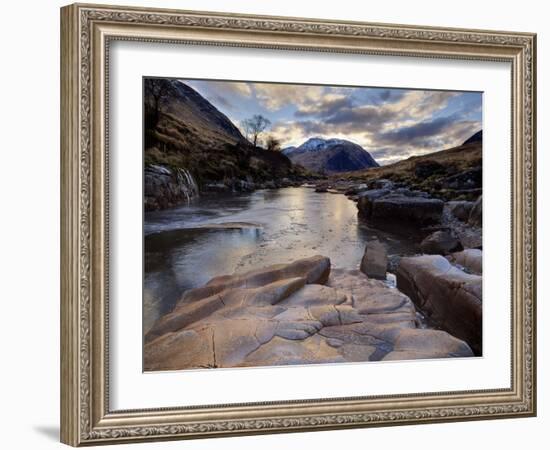 Winter View Along Partly-Frozen River Etive Towards Distant Mountains, Rannoch Moor, Scotland-Lee Frost-Framed Photographic Print