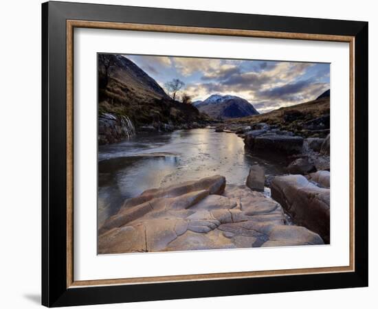 Winter View Along Partly-Frozen River Etive Towards Distant Mountains, Rannoch Moor, Scotland-Lee Frost-Framed Photographic Print