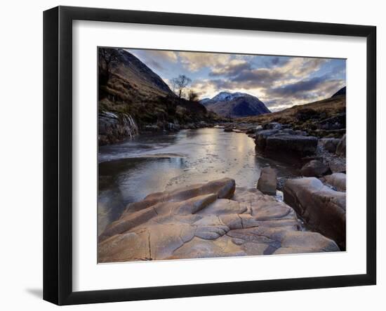 Winter View Along Partly-Frozen River Etive Towards Distant Mountains, Rannoch Moor, Scotland-Lee Frost-Framed Photographic Print