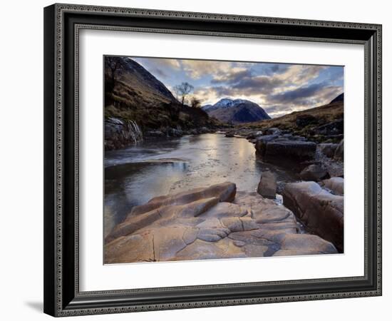 Winter View Along Partly-Frozen River Etive Towards Distant Mountains, Rannoch Moor, Scotland-Lee Frost-Framed Photographic Print