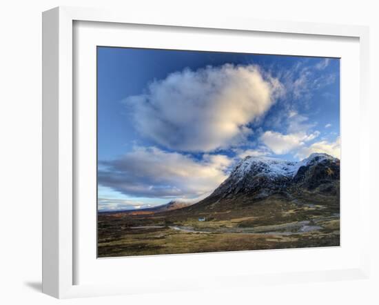 Winter View of Rannoch Moor Showing Lone Whitewashed Cottage on the Bank of a River, Scotland-Lee Frost-Framed Photographic Print