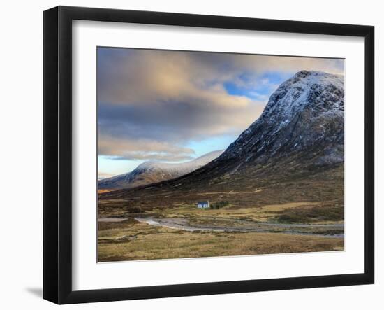 Winter View of Rannoch Moor Showing Lone Whitewashed Cottage on the Bank of a River, Scotland-Lee Frost-Framed Photographic Print