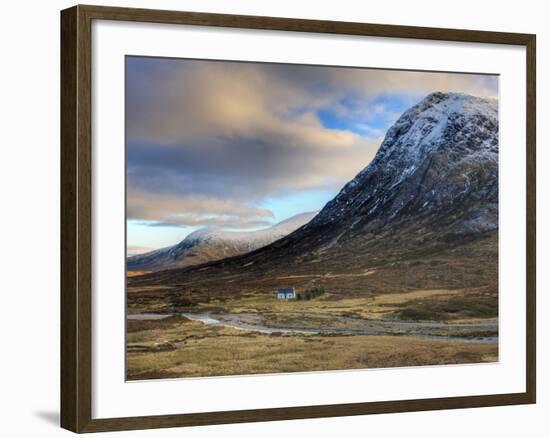 Winter View of Rannoch Moor Showing Lone Whitewashed Cottage on the Bank of a River, Scotland-Lee Frost-Framed Photographic Print