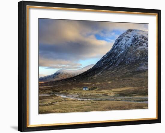 Winter View of Rannoch Moor Showing Lone Whitewashed Cottage on the Bank of a River, Scotland-Lee Frost-Framed Photographic Print