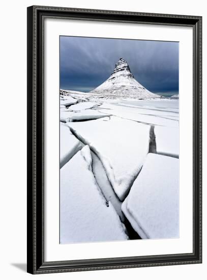 Winter View over Slabs of Broken Lake Ice Covered in Snow Towards Kirkjufell (Church Mountain)-Lee Frost-Framed Photographic Print